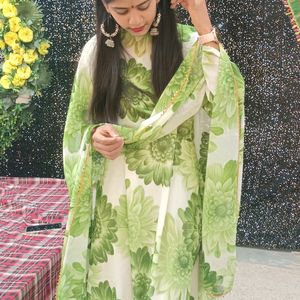 Green And White Anarkali