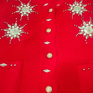 Women Red Cardigan Sweater