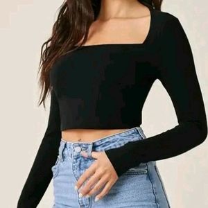 Women's Black Sqare Neck Crop Top Long Sleeve