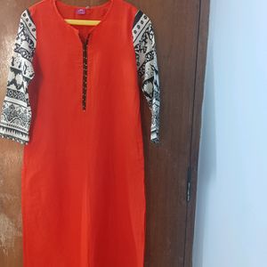 Dark Orange Sleeve Printed Kurta