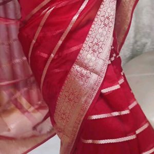 Silver Stripe Red Saree