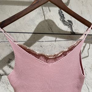 Pink Crop Top With Lace Neckline