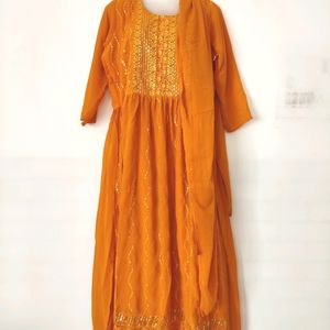 Mustard With Embroidered Kurta Sets (Women's)