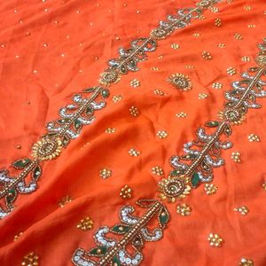 A Beautiful Orange Colour Work Saree 🤩🎉🎉