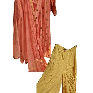 Chanderi pink Suit Set With Palazzo and Dupatta