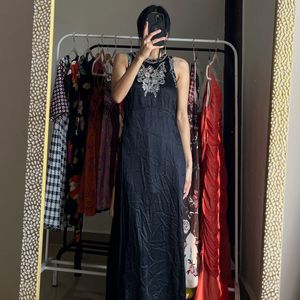 River Island Satin Black embroidered Maxi dress