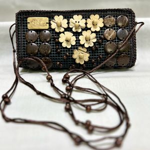 Brown Hand Clutch With Wooden Beads