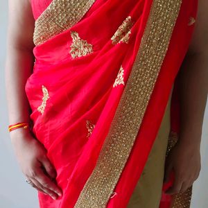 Party Wear Saare Combination Of Golden & Red