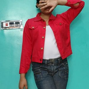 Women Solid Red Denim Jacket L Size