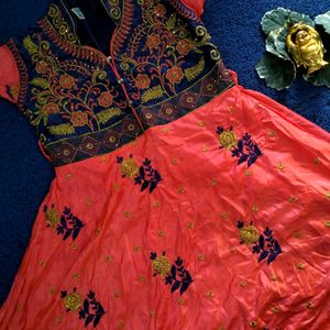 Grand Multicolour Embroidery Frock With Collar