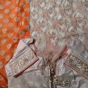 Golden & Orange Saree With bluose