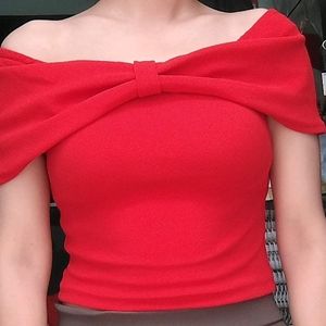 Casual Cape Sleeves Solid Women Red Crop Top