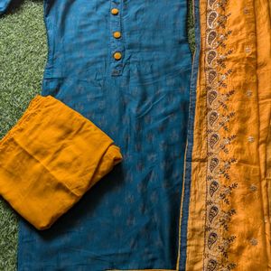 Mustard Peacock Color Kurta Set Embroided