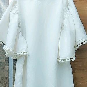 White Top And Umbrella Sleeves With White Pompom Border/ball Fringe And Cotton Material