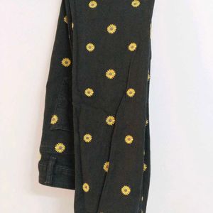 Sunflower Pattern Printed Black Jean