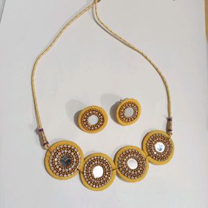 Yellow Fabric Mirror Choker Necklace With Earrings