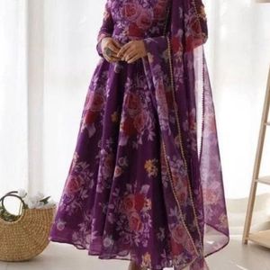 Purple Printed Anarkali Suit Set