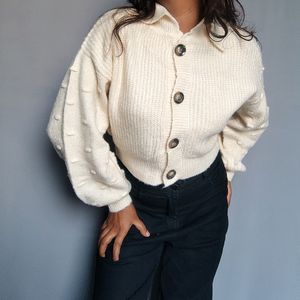 Crop Collared Puff Sleeve Cardigan