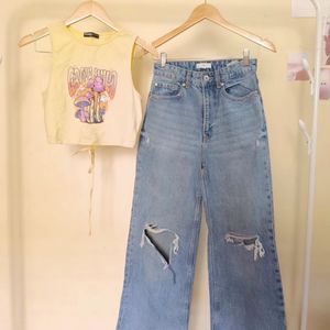 H&M Ripped Jeans With Yellow Tank Top Combo