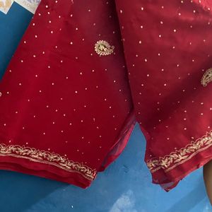 Red Chiffon Saree With Heavy Pallu