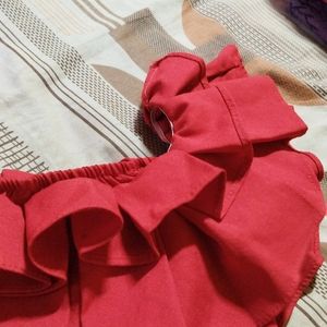 Red Off/Cold Shoulder Sleeves Pleated Ruffles Top