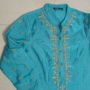 Gold Embroidery Blue Ethnic Kurti