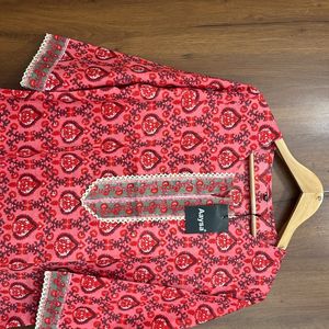 Red Floral Cotton Kurta For Women