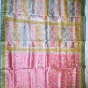 Baby Pink Organza Multi Print Chanderi Saree