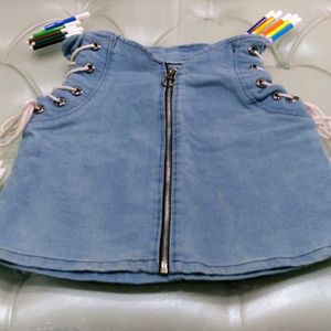 Blue denim zipper side knot skirt