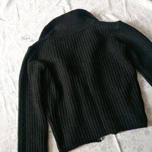 Black Rib-Knit Double Zipper Cardigan