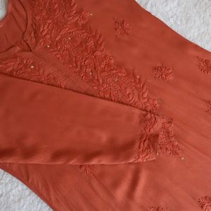 Rust Orange Rayon Mukaish Chikankari Kurta