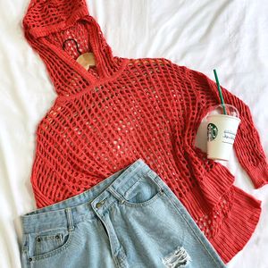 🎀Pinterest Crochet Oversized Orange Hoodie Top