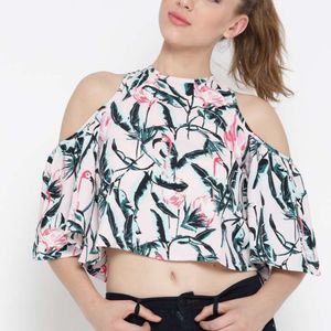 Women Pink Printed A-Line Cold Shoulder Top