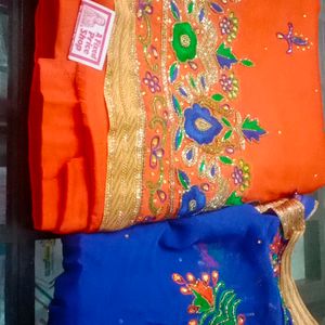 Orange Blue Heavy Dupatta 4 Side Stone Work With