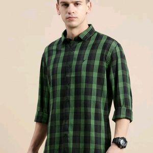 Branded Shirt Black Colour With Green Check Prints