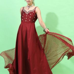 Maroon Anarkali with golden printed dupatta