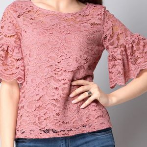 Pink Flared Sleeve Lace Top