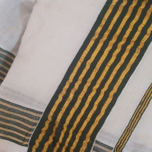 Off White Saree With Green Border