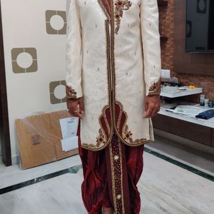 Men Sherwani Dhoti Stitched Set -Offwhite & Maroon