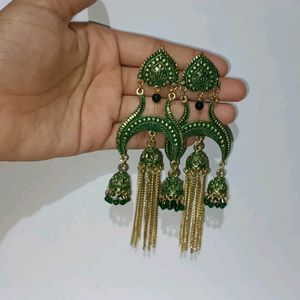 Earring/Jhumka Green Colour With Golden Strings