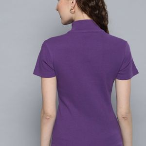 Mast & Harbour Women Purple SolidHigh Neck T-shirt