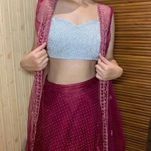 Glittery Silver Blouse & Wine  Net Lehenga