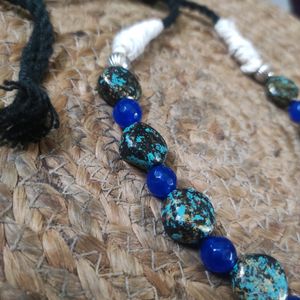 Blue Onyx Stone Necklace With Oxidized Pendant