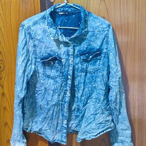 Polka Dotted Lightly Washed Denim Look Shirt