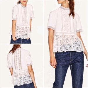 Zara Women White Floral Lace Peplum Style Top