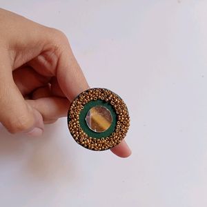 Mirror Dark Green And Golden Adjustable Ring