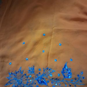 NEW Orange Saree With Blue Work