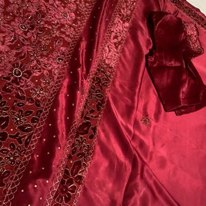 Red Silk Velvet Work Saree