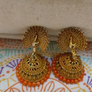 Peacock Style Orange Coloured Jhumkas