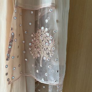 Peach Mirror-work Kurta with Trouser and Dupatta